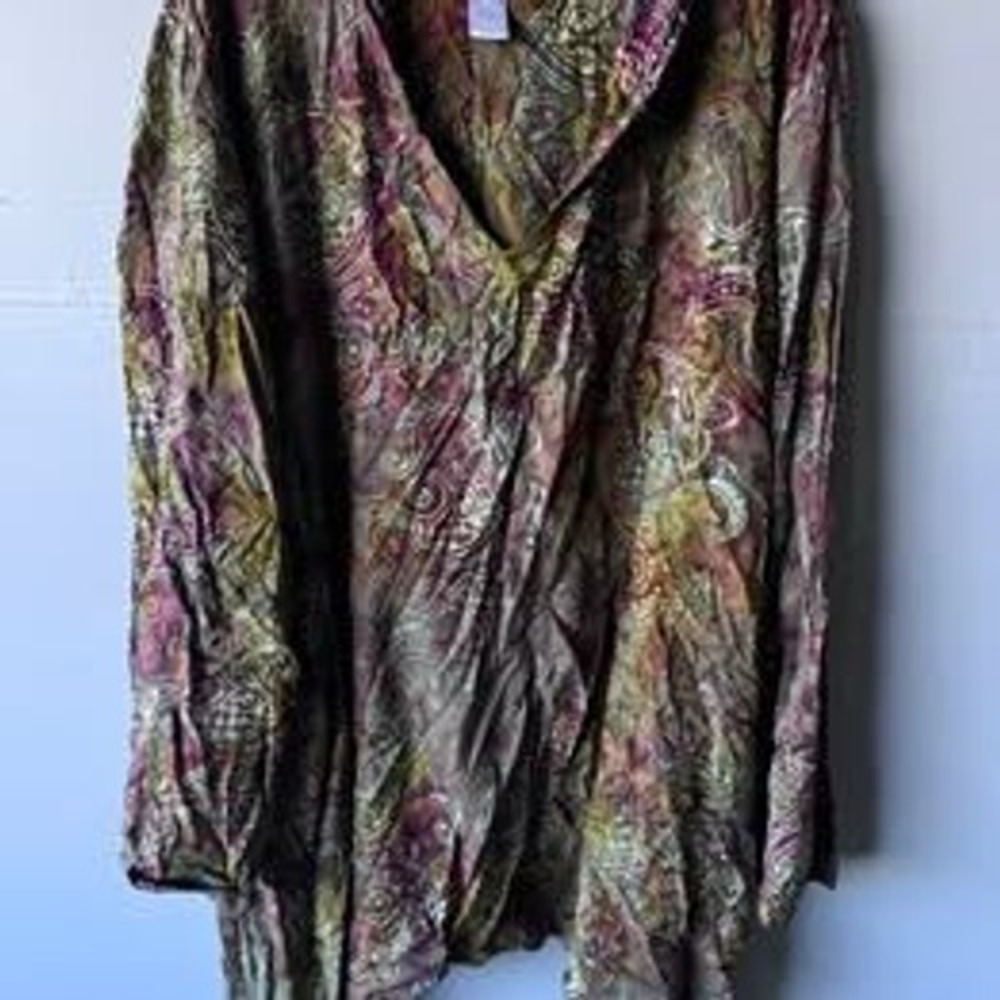 Soft Surroundings Womens 2X Paisley Batik V-Neck Crinkle Tunic Blouse Multi